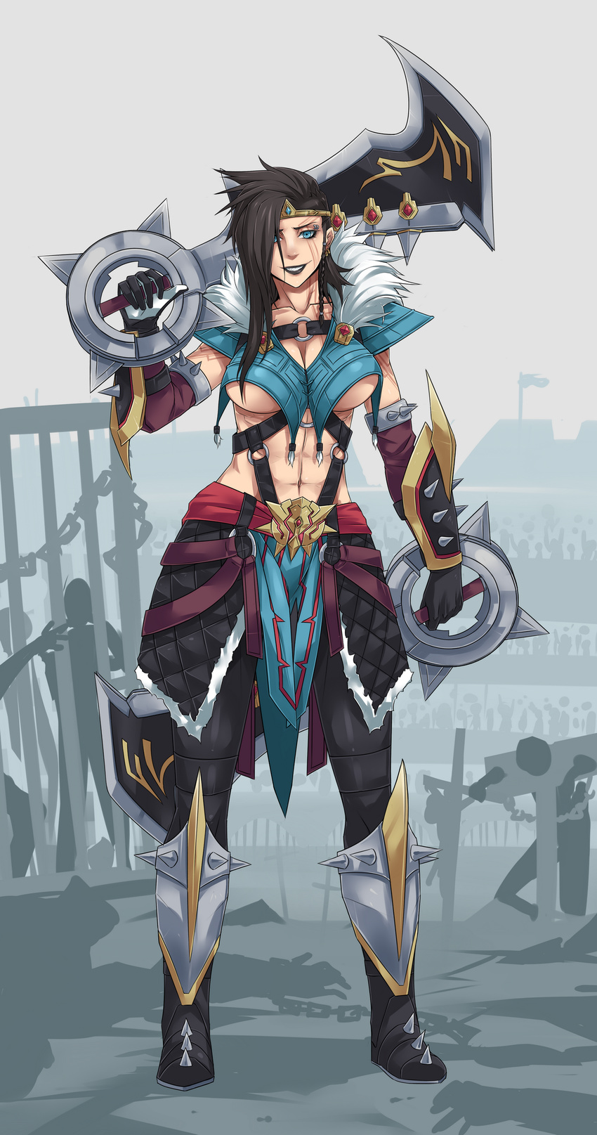 abs absurdres aqua_eyes armor asymmetrical_hair axe bangs black_hair black_lipstick blue_eyes boots braid breasts circlet cleavage detached_sleeves draven dual_wielding earrings exaxuxer eyebrow_piercing facial_mark faulds full_body genderswap genderswap_(mtf) gloves greaves grin hair_over_one_eye highres holding huge_weapon jewelry large_breasts league_of_legends lipstick long_hair makeup navel over_shoulder piercing shoulder_pads single_braid smile solo spikes sword sword_over_shoulder tattoo tiara underboob vambraces weapon weapon_over_shoulder