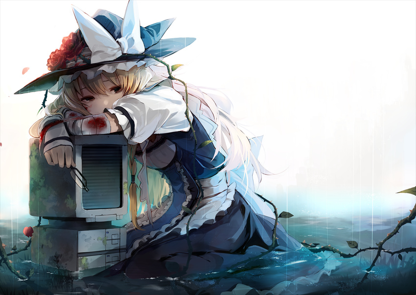 apron backlighting bad_id bad_pixiv_id bandages black_dress blonde_hair blood bow computer dress eho_(icbm) flower glasses hat hat_bow hat_flower holding holding_eyewear kirisame_marisa long_hair monitor plant puffy_sleeves rain shirt short_sleeves sitting solo touhou very_long_hair vines waist_apron water white_bow witch_hat yellow_eyes