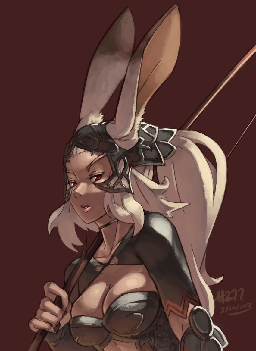 2013 animal_ears armor bow_(weapon) breasts bunny_ears cleavage dark_skin dated final_fantasy final_fantasy_xii fran highres junkpuyo large_breasts lips long_hair nose over_shoulder ponytail red_eyes simple_background solo viera weapon weapon_over_shoulder white_hair