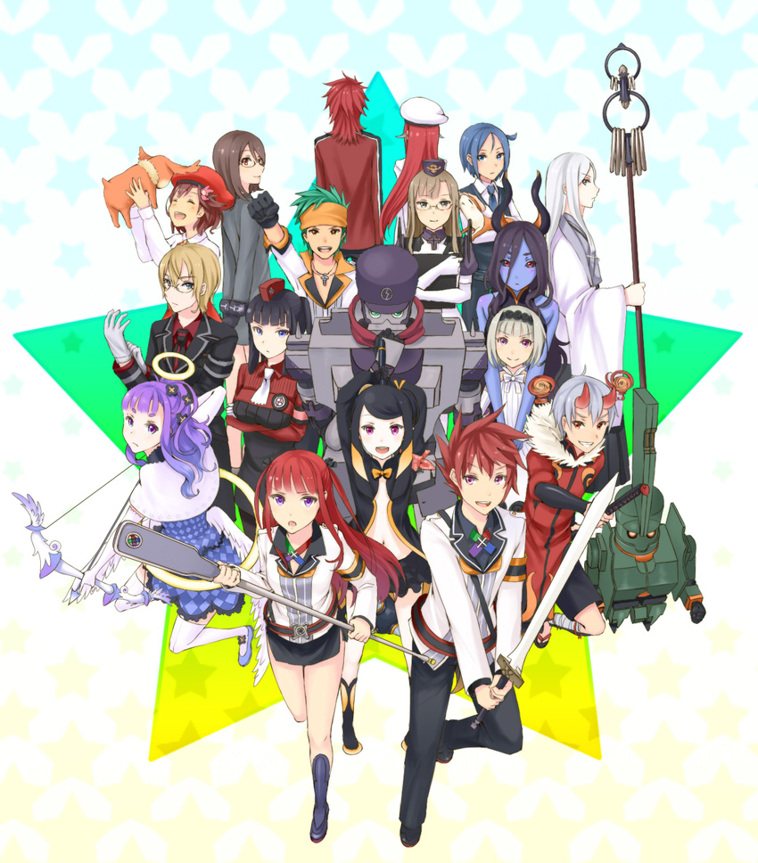 6+girls abert annotated anvil_(summon_night) arca_(summon_night) aty_(summon_night) black_hair black_sclera blonde_hair blue_eyes blue_hair blue_skin bow_(weapon) brown_hair calis_noirarm clesea_kamishiro closed_eyes crossed_arms cyda_afrarn demon_girl dyth elbow_gloves everyone flootier folth formal glasses gloves green_hair halo hat highres horns kagerou_(summon_night) long_hair manager_(summon_night) meteora_(summon_night) multiple_boys multiple_girls navel necktie open_mouth pants pariet primo_(summon_night) profile purple_eyes purple_hair red_eyes red_hair rexx ruelly_kamishiro sakurage short_hair silver_hair skirt souken spinel_(summon_night) staff suit summon_night summon_night_5 sword thighhighs torque_(summon_night) weapon yeng-hua