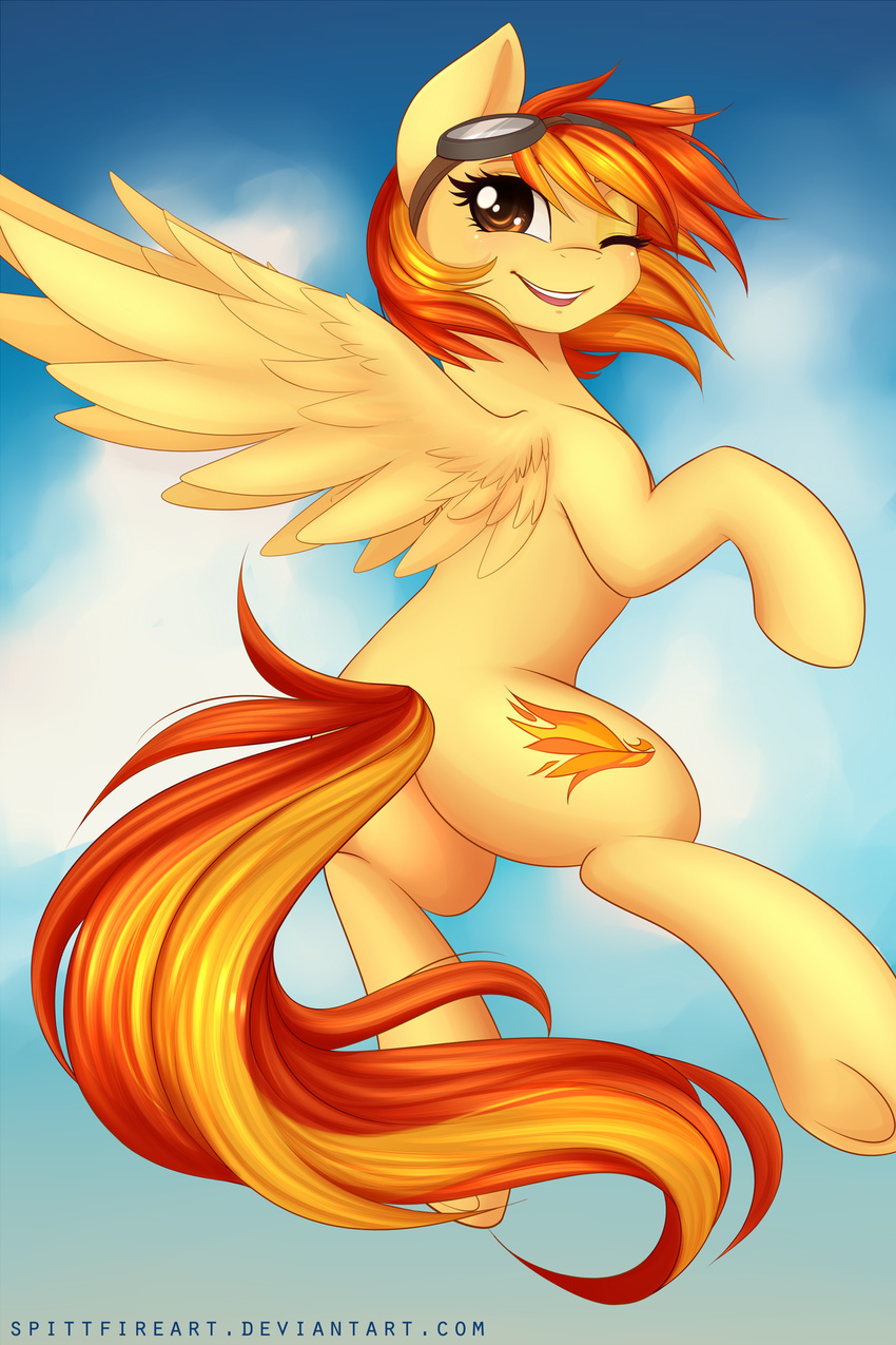 brown_eyes cloud cutie_mark equine eyewear female feral flying friendship_is_magic goggles hair horse looking_at_viewer mammal my_little_pony one_eye_closed orange_hair outside pegasus pony sky solo spitfire_(mlp) spittfire two_tone_hair wings wink wonderbolts_(mlp)