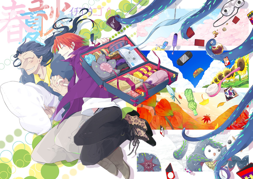 bendan-daizi black_hair brush caster_(fate/zero) clock comb command_spell cup fate/zero fate_(series) flower handheld_game_console jacket multiple_boys orange_hair playstation_portable purple_jacket scalpel shoggoth sleep_mask suitcase sunflower tentacles toothbrush toothpaste toy uryuu_ryuunosuke