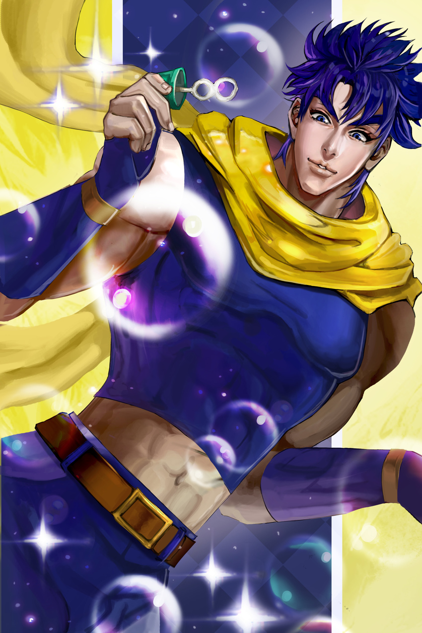 absurdres bad_id bad_pixiv_id blue_eyes blue_hair bubble bubble_blowing facial_mark fingerless_gloves gloves highres jojo_no_kimyou_na_bouken joseph_joestar_(young) lloule male_focus midriff scarf solo sparkle yellow_scarf