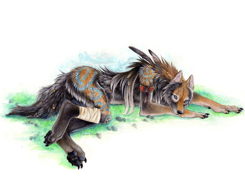 anthro bandage blue_eyes body_markings bracelet canine feathers jewelry looking_at_viewer lying male mammal markings palelady paws plain_background solo wolf