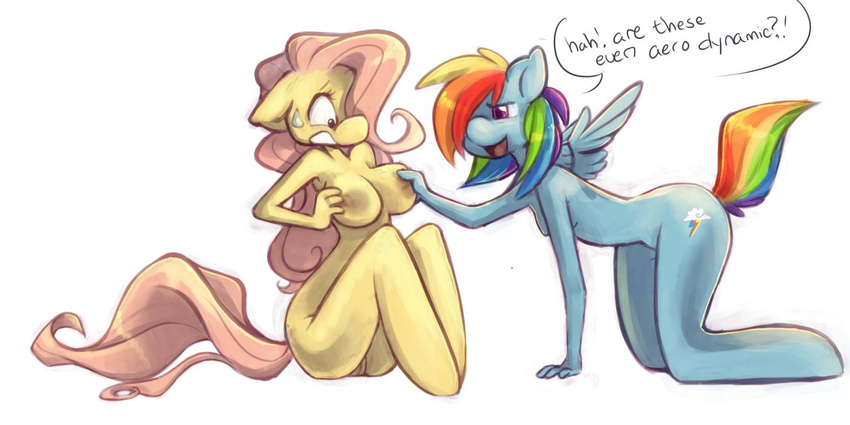 anthro anthrofied blue_fur breasts cutie_mark dahliabee dialog duo english_text equine female fluttershy_(mlp) friendship_is_magic fur hair horse lesbian mammal multi-colored_hair my_little_pony nipples nude pegasus pink_hair plain_background pony purple_eyes pussy rainbow_dash_(mlp) rainbow_hair sweat sweatdrop text white_background wings yellow_fur