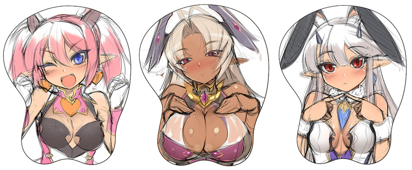 :&lt; animal_ears antenna_hair bad_id bad_pixiv_id bare_shoulders blue_eyes blush breast_mousepad breast_squeeze breasts bunny_ears cleavage cleavage_cutout dark_skin demon_girl demon_horns detached_collar earrings face fang fingers_together fur_collar gloves half-closed_eyes heart heart_earrings horns huge_breasts jewelry kamyuria large_breasts light_brown_hair lilim_(shingeki_no_bahamut) lilim_rimiru long_hair mel/a mousepad multiple_girls one_eye_closed open_mouth pendant pink_hair pointy_ears purple_eyes red_eyes shingeki_no_bahamut shiny shiny_skin short_twintails silver_hair sketch twintails white_gloves wrist_cuffs