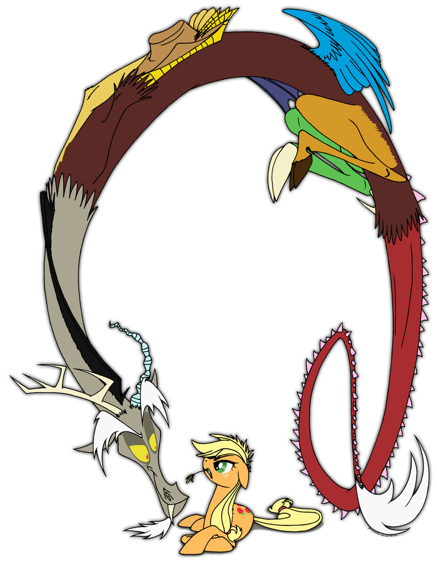 alpha_channel antler antlers applejack_(mlp) blonde_hair cowboy_hat cutie_mark discord_(mlp) draconequus duo equine eye_contact female feral freckles friendship_is_magic green_eyes grievousfan hair hat horn horse male mammal my_little_pony plain_background pony red_eyes transparent_background wheat wings