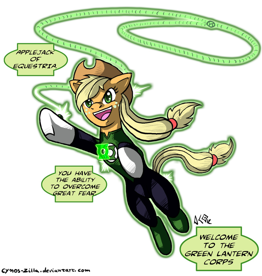 alpha_channel applejack_(mlp) clothing cowboy_hat crossover cynos-zilla english_text equine female feral friendship_is_magic green_lantern green_lantern_(series) happy hat horse lasso mammal my_little_pony plain_background pony ring signature smile solo text transparent_background