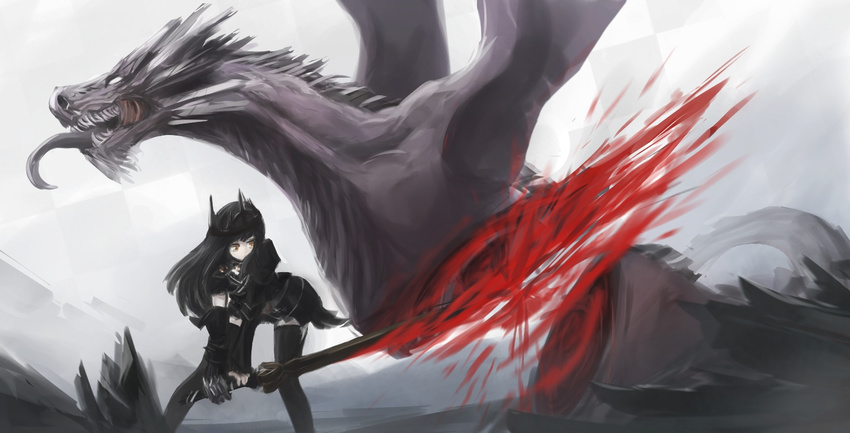 arceonn battle black_hair black_legwear black_rock_shooter blood cutting dragon dragon_slayer elbow_gloves fingerless_gloves gloves long_hair long_tongue original solo sword thighhighs tongue tongue_out weapon yellow_eyes