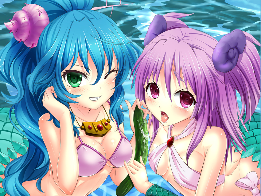 bikini blue_hair blush breasts bug_(artist) cleavage collarbone conch cucumber green_eyes grin hair_ornament hii-chan jewelry long_hair medium_breasts mermaid monster_girl multiple_girls namiuchigiwa_no_muromi-san necklace one_eye_closed pink_eyes pink_hair ponytail saliva seashell sexually_suggestive shell smile sumida-san swimsuit tongue twintails two_side_up wide_ponytail