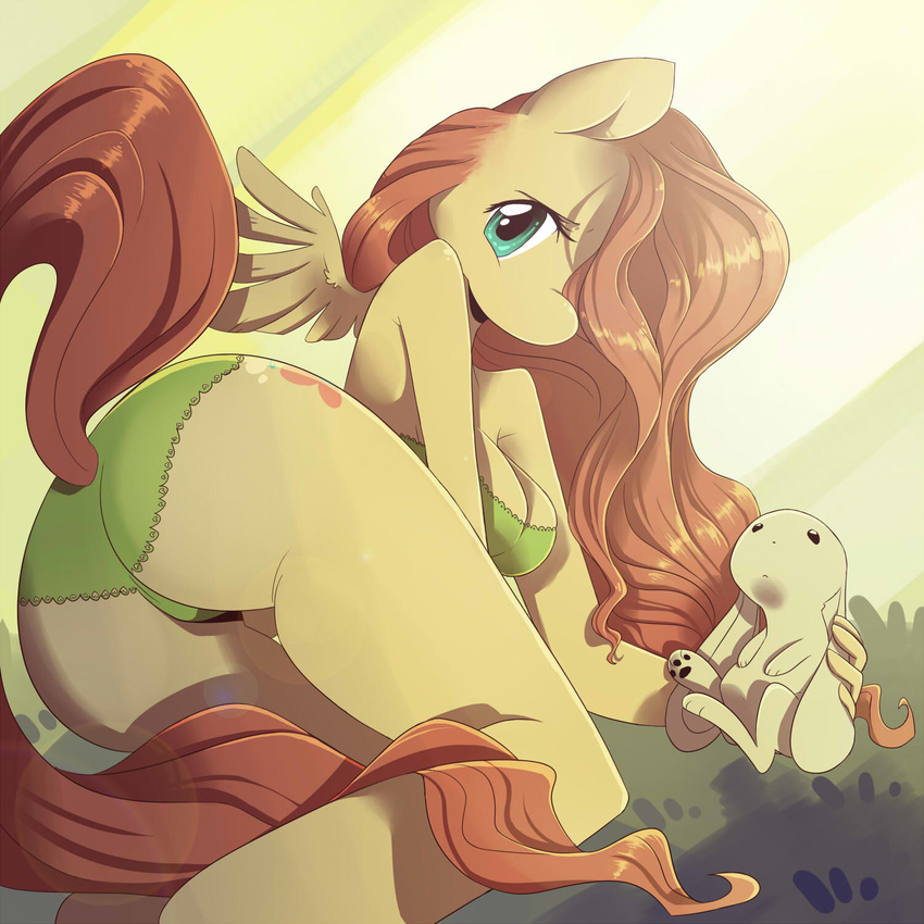angel_(mlp) anthro anthrofied big_butt breasts brown_hair butt cleavage clothed clothing cute cutie_mark dahliabee duo equine female fluttershy_(mlp) friendship_is_magic fur green_eyes hair horse lagomorph looking_at_viewer looking_back lying mammal my_little_pony on_side pegasus pony rabbit skimpy wings yellow_fur