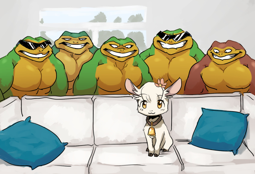 2018 amphibian anthro battletoads bell_collar biceps caprine collar crossover eyewear female feral flower flower_in_hair fur goat group horizontal_pupils inside male mammal meme muscular muscular_male pecs pillow pimple_(battletoads) piper_perri_surrounded plant rash_(battletoads) sitting size_difference smile sofa sunglasses toad video_games white_fur wolframclaws yellow_eyes zitz_(battletoads)
