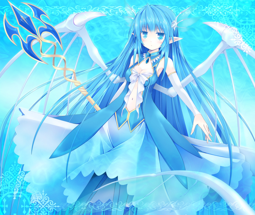 bad_id bad_pixiv_id blue_eyes blue_hair breasts cleavage detached_sleeves dragon_wings dress head_wings kuon_itsuki leviathan_(zettai_bouei_leviathan) long_hair medium_breasts pointy_ears polearm solo spear weapon wings zettai_bouei_leviathan