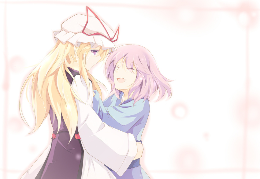 blonde_hair closed_eyes commentary crying crying_with_eyes_open faech hand_on_another's_face hat highres hug long_hair long_sleeves multiple_girls no_hat no_headwear purple_eyes purple_hair saigyouji_yuyuko saigyouji_yuyuko_(living) short_hair tears touhou yakumo_yukari yuri