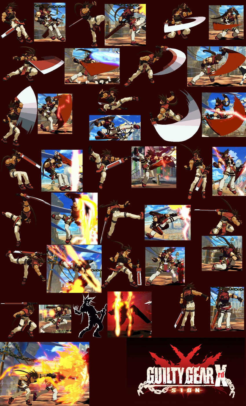 3d absurdres brown_hair comparison fire forehead_protector guilty_gear guilty_gear_xrd headband highres long_hair muscle official_art pixel_art ponytail screencap sol_badguy spiked_hair sprite_art sword thumbs_down weapon