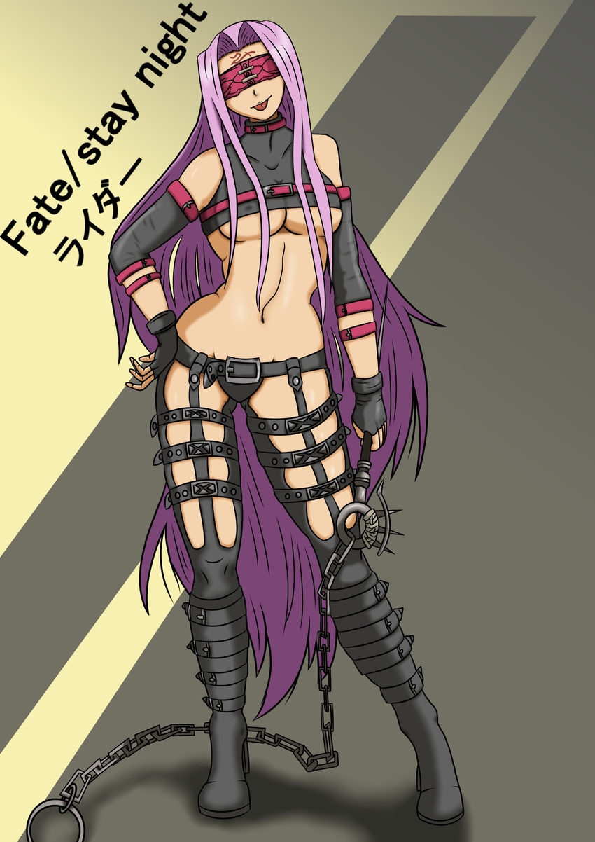 :p alternate_costume bare_shoulders belt blindfold boots breasts chain choker contrapposto crop_top detached_sleeves facial_mark fate/stay_night fate_(series) fingerless_gloves forehead_mark gloves highres large_breasts long_hair magellan_(urumi0107) midriff navel purple_hair rider solo standing tongue tongue_out underboob very_long_hair weapon