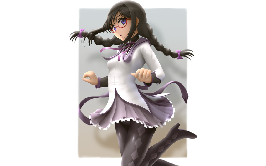 akemi_homura black_hair braids glasses long_hair mahou_shoujo_madoka_magica pantyhose purple_eyes ribbons seifuku siraha