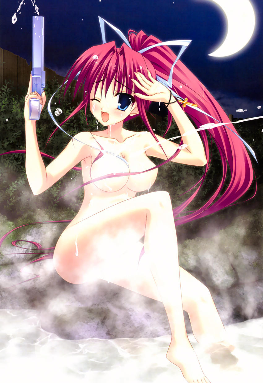 ;d absurdres armpits blue_eyes blush breasts censored clear convenient_censoring crescent_moon d; hair_censor hand_up head_tilt highres kisaki_yuzuru large_breasts legs looking_at_viewer mitha moon night night_sky nude one_eye_closed onsen open_mouth outdoors ponytail red_hair sky smile steam steam_censor tareme underboob water water_gun