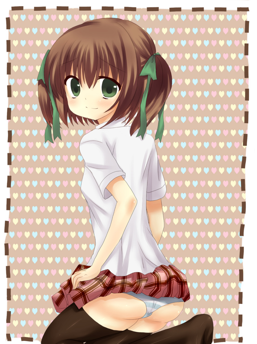 aoki_kaede black_legwear blush brown_hair green_eyes hair_ribbon heart highres looking_at_viewer looking_back original panties ribbon short_hair skirt smile solo striped striped_panties suzune_rena thighhighs underwear