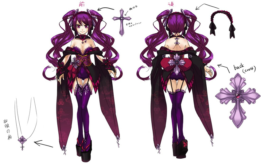 1girl breasts cleavage cross garter_belt jewelry long_hair original purple_eyes purple_hair tenjoutsuki twintails