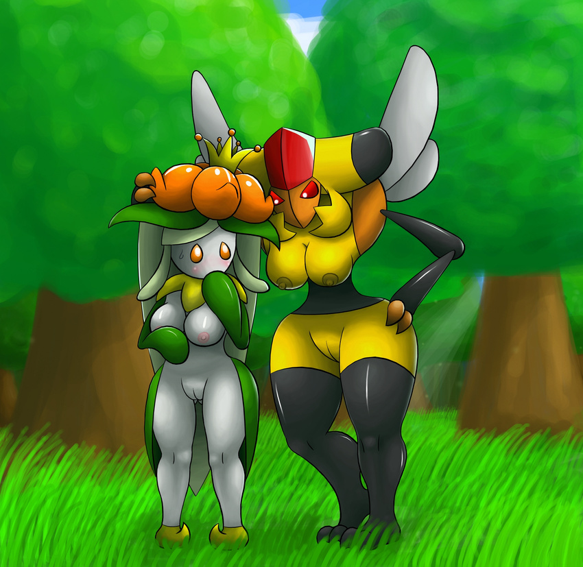 anthrofied arthropod bee blush breasts duo female flora_fauna forest insect lilligant nintendo nude ole outside plant pok&#233;mon pok&eacute;mon pussy standing tree vespiquen video_games