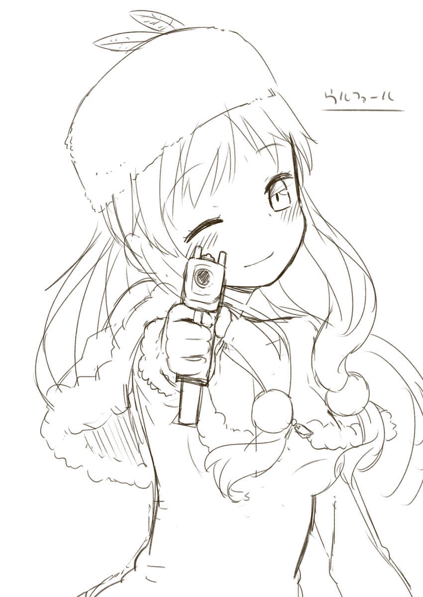 aiming_at_viewer blush character_name highres long_hair looking_at_viewer monochrome muku_(muku-coffee) one_eye_closed simple_background smile solo urufaru white_background wolf_rpg_editor