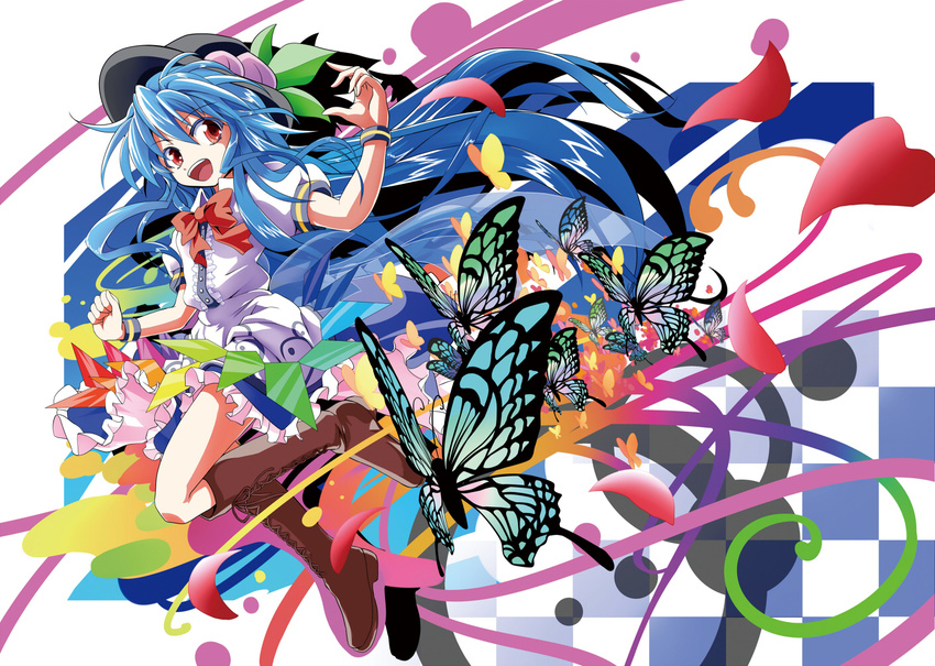 aji082 blue_hair boots bow bug butterfly cross-laced_footwear food fruit hinanawi_tenshi insect knee_boots long_hair peach red_eyes touhou