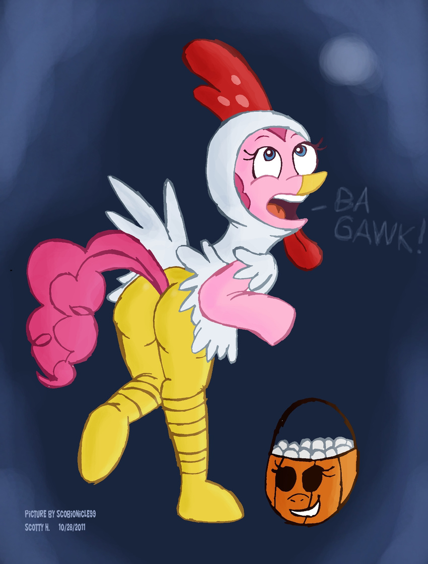 avian basket beak bird blue_eyes butt chicken costume egg equine female feral friendship_is_magic fur hair halloween holidays horse mammal my_little_pony open_mouth pink_fur pink_hair pinkie_pie_(mlp) scobionicle99 solo solofemale