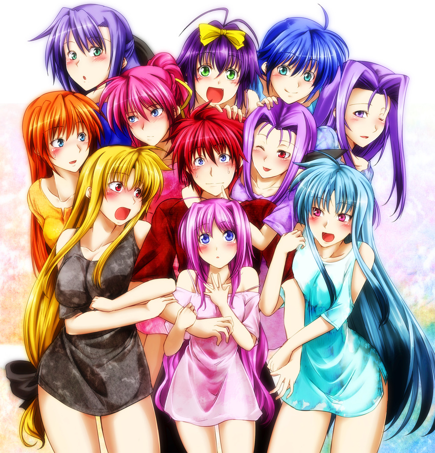 6+girls :d :o ahoge annotated antenna_hair arm_holding arm_hug bare_shoulders blonde_hair blue_eyes blue_hair blush bow breasts caro_ru_lushe dress embarrassed erio_mondial fang fate_testarossa finger_to_mouth frown ginga_nakajima gradient_hair green_eyes hagane_soushi hair_bow hair_intakes hair_ribbon hand_on_head harem highres hug hug_from_behind large_breasts locked_arms long_hair low-tied_long_hair lutecia_alpine lyrical_nanoha mahou_senki_lyrical_nanoha_force mahou_shoujo_lyrical_nanoha mahou_shoujo_lyrical_nanoha_a's mahou_shoujo_lyrical_nanoha_a's_portable:_the_battle_of_aces mahou_shoujo_lyrical_nanoha_strikers mahou_shoujo_lyrical_nanoha_vivid material-l megane_alpine mother_and_daughter multicolored_hair multiple_girls off_shoulder one_eye_closed open_mouth orange_hair pink_eyes pink_hair ponytail purple_eyes purple_hair red_eyes red_hair ribbon rio_wezley short_hair siblings signum sisters smile subaru_nakajima sweatdrop teana_lanster two-tone_hair very_long_hair white_background