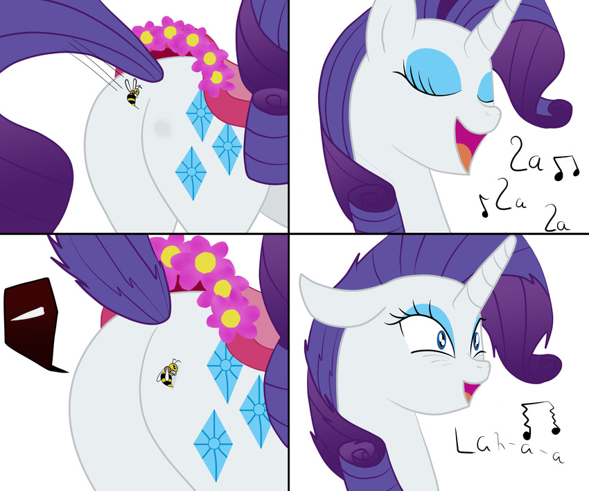 arthropod b.sting bee blue_eyes bsting butt cutie_mark equine eyeshadow female feral friendship_is_magic fur hair horn horse insect makeup mammal my_little_pony open_mouth pony purple_hair rarity_(mlp) solo unicorn white_fur