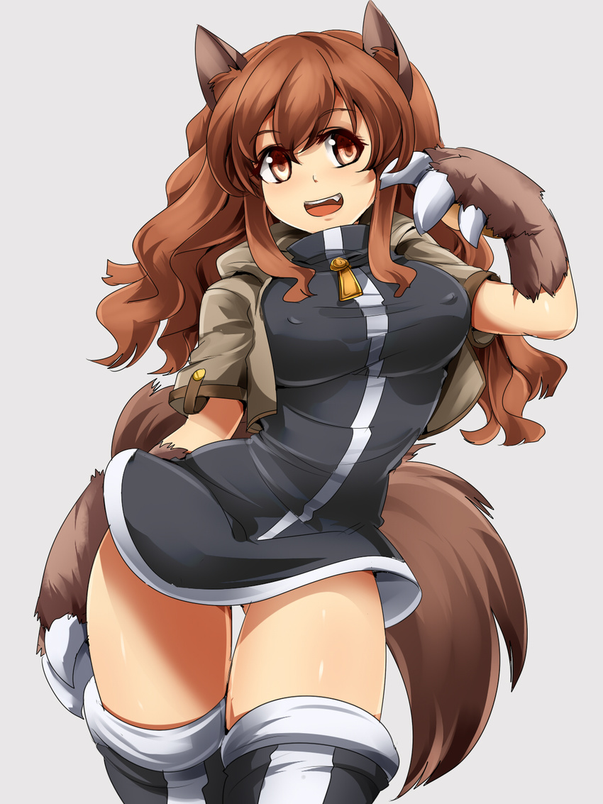 animal_ears breasts brown_eyes brown_hair covered_nipples dress fang highres large_breasts long_hair open_mouth original paws short_dress simple_background smile solo tail thighhighs umakatsuhai white_background