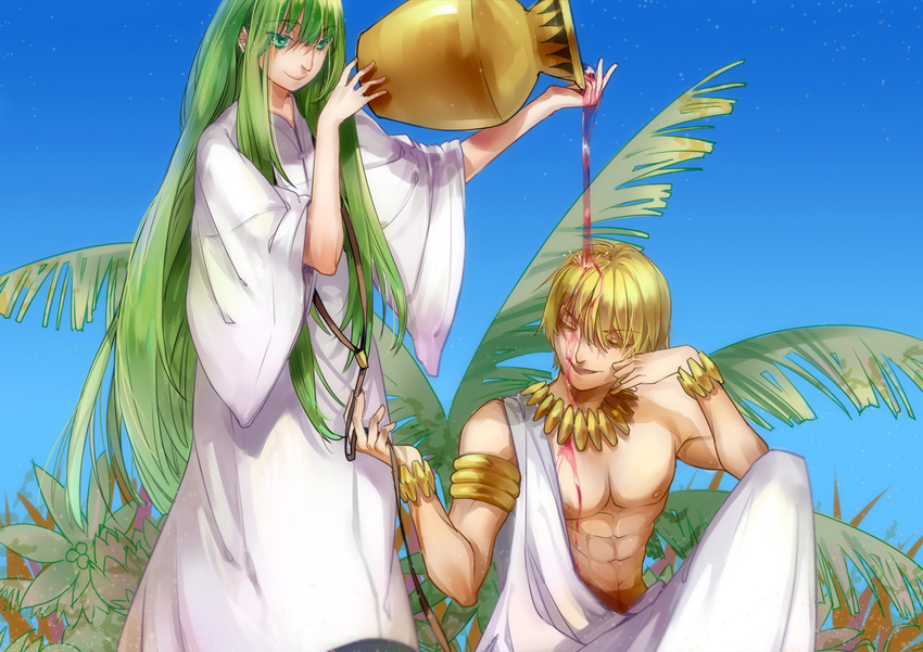 alcohol armlet blonde_hair bracelet earrings enkidu_(fate/strange_fake) fate/strange_fake fate/zero fate_(series) gilgamesh green_eyes green_hair jar jewelry lantty long_hair multiple_boys necklace pouring red_eyes spill toga wine