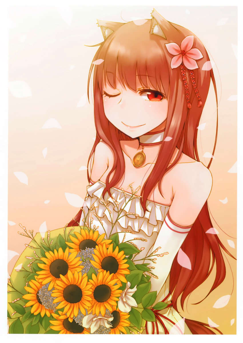 ;) absurdres animal_ears ayakura_juu bare_shoulders bouquet brown_hair choker collarbone dress elbow_gloves flat_chest flower gloves hair_flower hair_ornament highres holo lips long_hair one_eye_closed petals red_eyes scan smile solo spice_and_wolf tail upper_body wedding_dress white_dress white_gloves wolf_ears wolf_tail