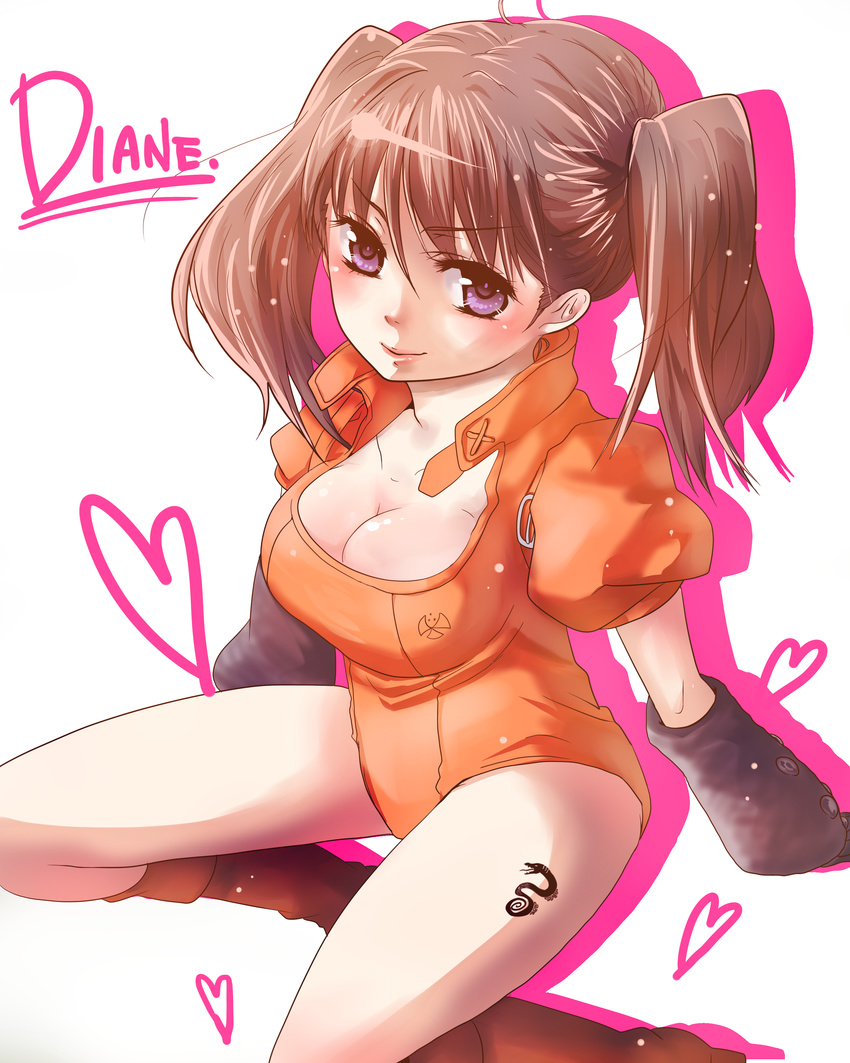 absurdres bangs black_gloves blush boots breasts buckle character_name cleavage diane_(nanatsu_no_taizai) dragon elbow_gloves from_side gloves grey_hair hair_between_eyes heart highres knee_boots large_breasts leotard light_smile looking_at_viewer nanatsu_no_taizai nekodanukoko orange_leotard puffy_short_sleeves puffy_sleeves purple_eyes shadow short_hair short_sleeves short_twintails simple_background sitting skirt smile solo tattoo twintails white_background