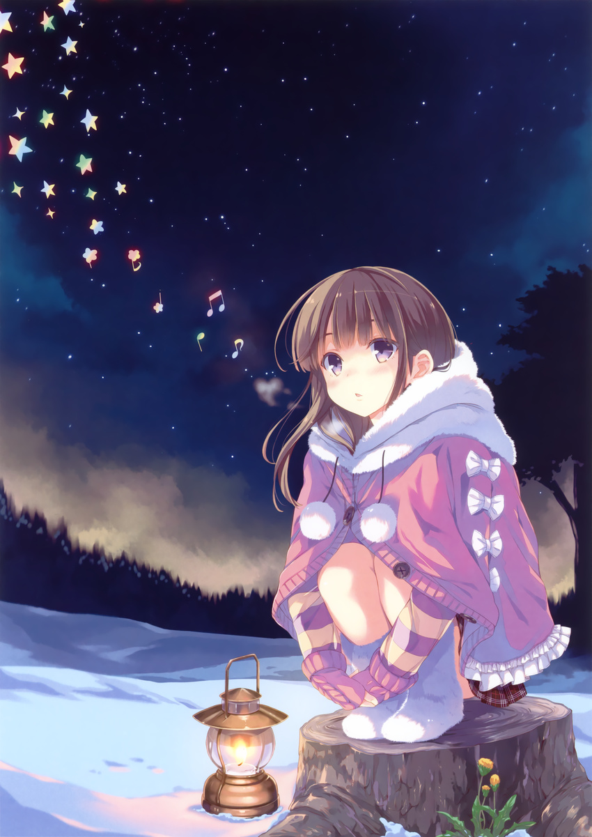 absurdres beamed_eighth_notes blush boots breath brown_hair coat eighth_note flower highres huge_filesize lantern musical_note night night_sky ohara_tometa original plaid plaid_skirt purple_eyes quarter_note skirt sky snow solo squatting star_(sky) starry_sky tree tree_stump whistling