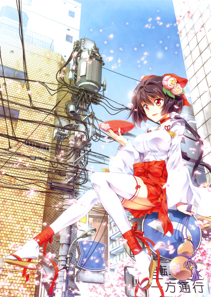 absurdres alcohol ankle_ribbon ankle_wrap black_hair breasts building cable cherry_blossoms choker clog_sandals cup flower gourd hair_flower hair_ornament highres huge_filesize japanese_clothes kaishaku kimono lamppost large_breasts lawson legs non-web_source nontraditional_miko original petals pole power_lines red_eyes ribbon road_sign sakazuki sake sandals scan sign sitting skirt thighhighs transformer white_legwear