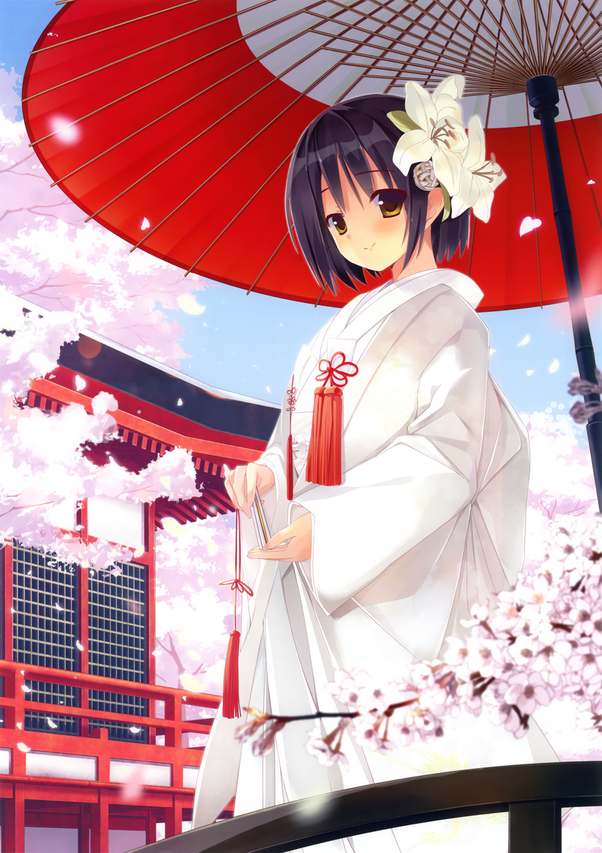 1girl absurdres highres japanese_clothes miko takashina_masato umbrella