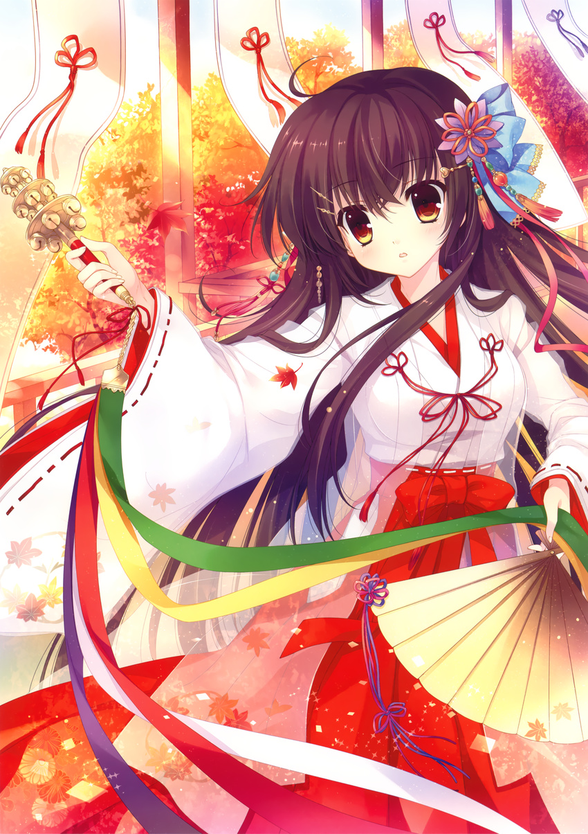 absurdres bell brown_hair chihaya_(clothing) fan folding_fan hair_ornament hairpin hakama highres holding huge_filesize japanese_clothes jingle_bell kagura_suzu kimono leaf leaf_print long_skirt looking_at_viewer maple_leaf miko mitha non-web_source original red_eyes red_hakama ribbon-trimmed_sleeves ribbon_trim skirt tareme tassel tree