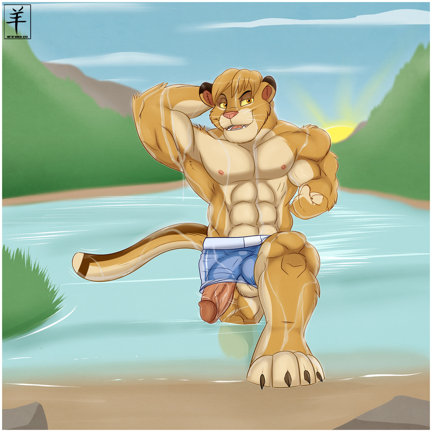 aaron_(artist) abs amber_eyes anthro balls bath biceps big_muscles big_penis blonde_hair brown_eyes brown_fur brown_hair bulge claws clothing cougar crouching erection fangs feline flexing fur grin hair lion looking_at_viewer lun male mammal muscles nipples orange_eyes pecs penis pink_nose presenting shorts smile solo standing swimsuit tan_fur teeth tight_clothing toe_claws toned topless vein water wet whiskers