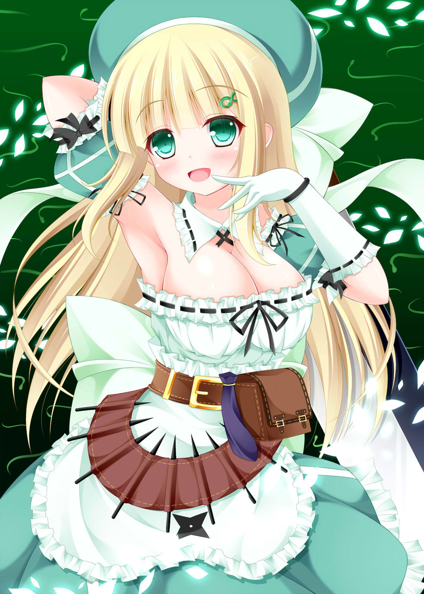 :d belt_pouch beret blonde_hair blush breasts buckle cleavage detached_collar dress gloves green_eyes hat highres large_breasts long_hair looking_at_viewer open_mouth pocket pouch senran_kagura senran_kagura_shoujo-tachi_no_shin'ei smile tareme yomi_(senran_kagura) yunagi_amane