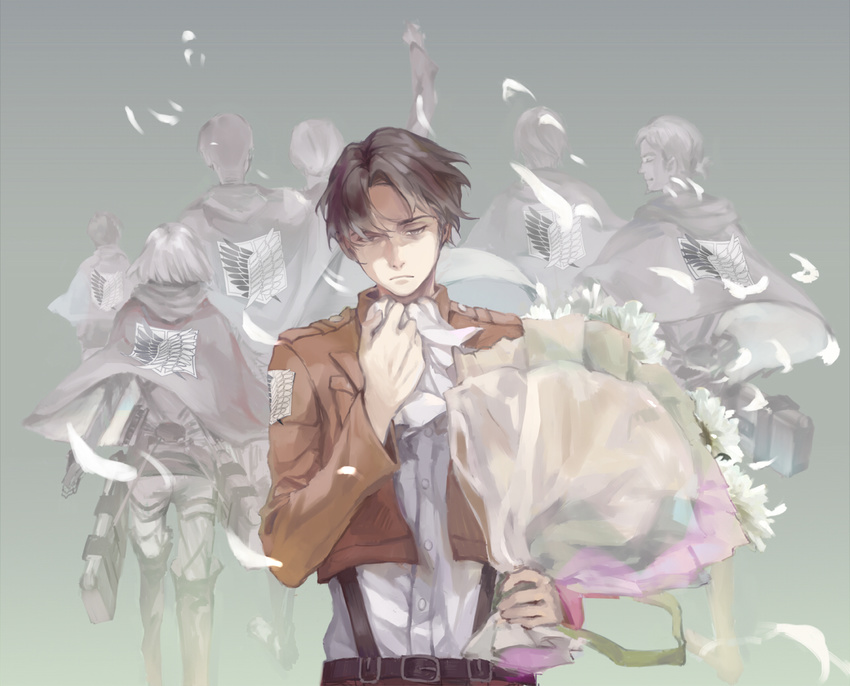 6+boys auruo_bossard bad_id bad_pixiv_id black_hair blonde_hair boots bouquet character_request emblem erd_gin flower gunter_shulz jacket levi_(shingeki_no_kyojin) multiple_boys paradis_military_uniform petra_ral shingeki_no_kyojin short_hair survey_corps_(emblem) thigh_strap three-dimensional_maneuver_gear yuukaku