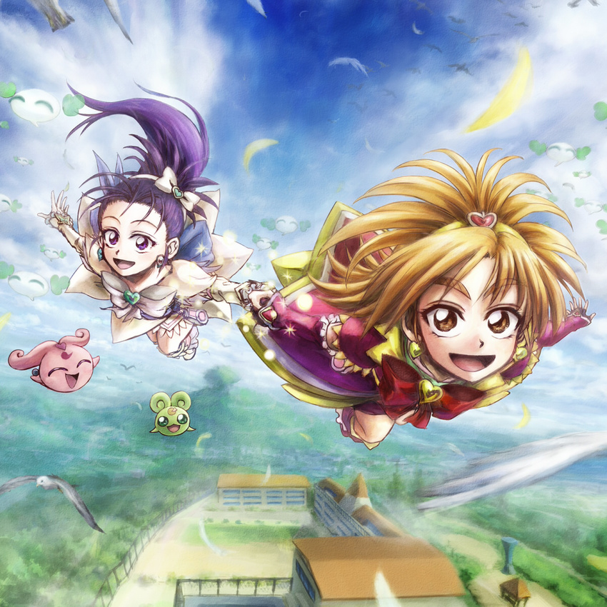 bike_shorts boots cloud cure_bloom cure_egret detached_sleeves dress earrings elbow_gloves flying futari_wa_precure_splash_star gloves hair_ornament hair_ribbon heart highres hyuuga_saki jewelry long_hair looking_at_viewer magical_girl mascot mishou_mai moon multiple_girls nakajima_majikana orange_eyes orange_hair precure purple_eyes purple_hair ribbon shirt shorts shorts_under_skirt skirt sky