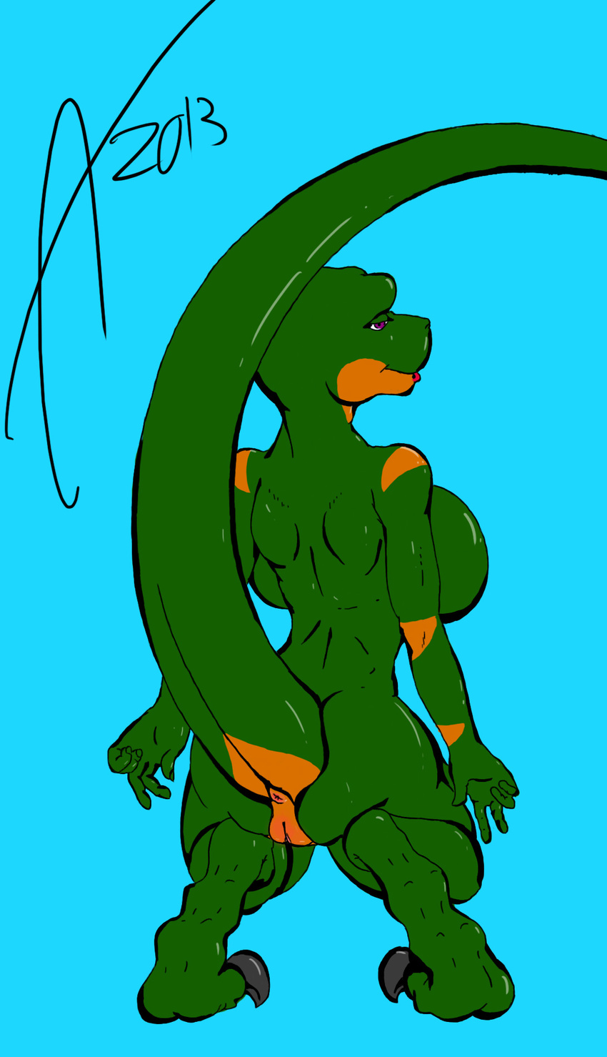 aisha_neavi anthro anus big_breasts big_butt breasts butt claws dinosaur female huge_breasts nude plain_background pose presenting pussy raptor scalie smile solo thighs wide_hips