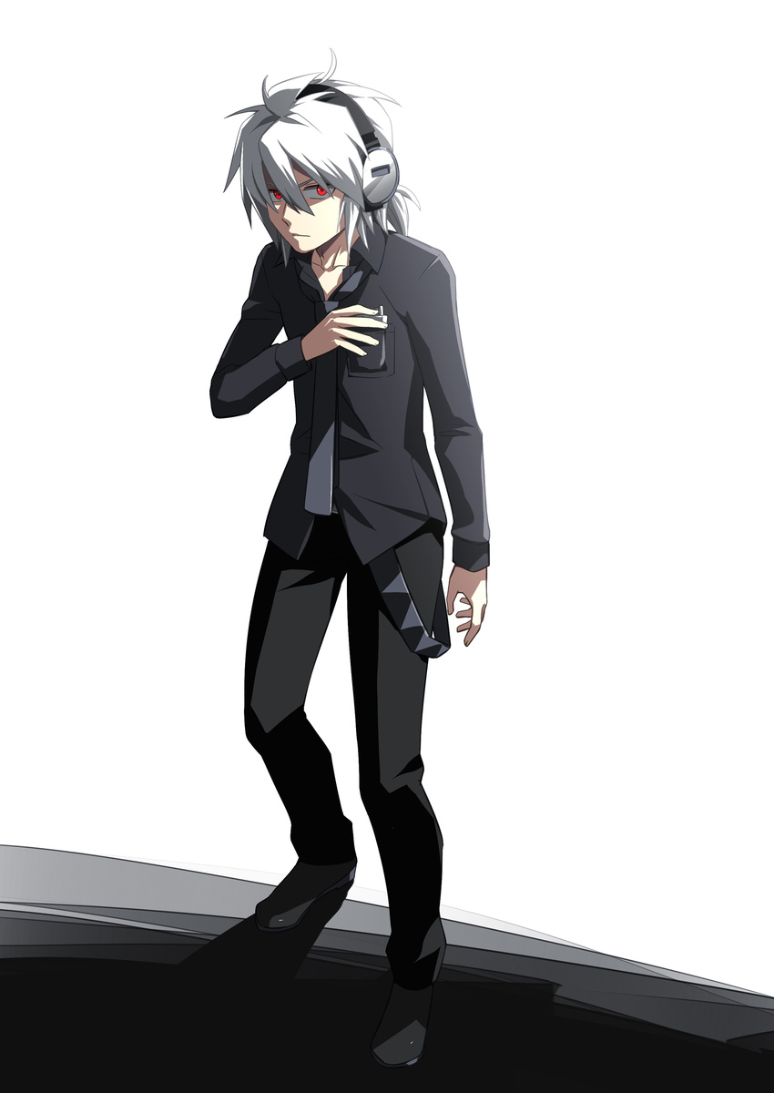 caffein cigarette headphones highres honne_dell male_focus red_eyes silver_hair solo vocaloid voyakiloid