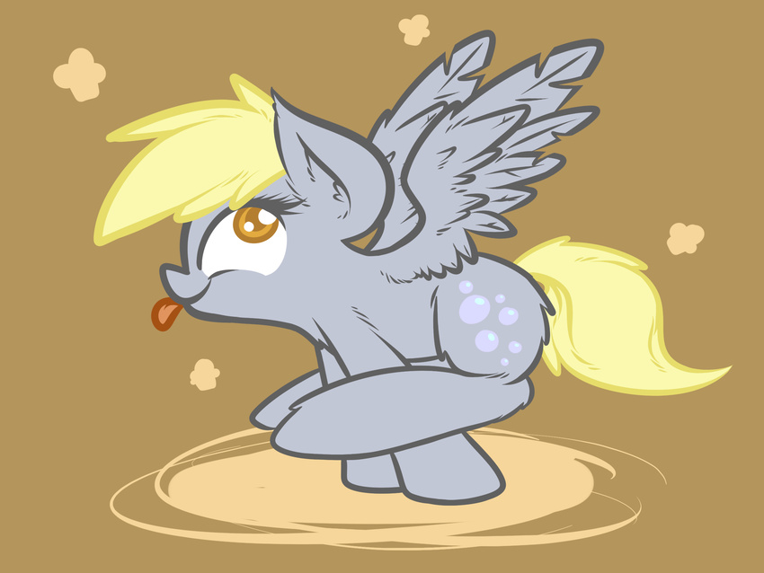 blonde_hair cute cutie_mark derpy_hooves_(mlp) equine female feral food friendship_is_magic fur grey_fur hair horse looking_up mammal muffin my_little_pony oblivinite pegasus plain_background pony pose smile solo spread_legs spreading tongue wings yellow_eyes