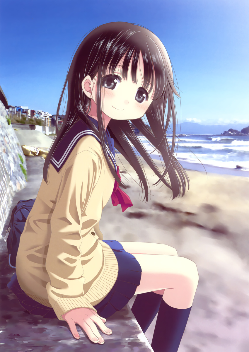 absurdres aoki_ume bag beach black_hair black_legwear black_skirt blush closed_mouth from_side highres house huge_filesize kneehighs long_hair neckerchief original outdoors pleated_skirt scan school_bag sitting skirt sleeves_past_wrists smile solo sweater sweater_vest water wind yellow_sweater