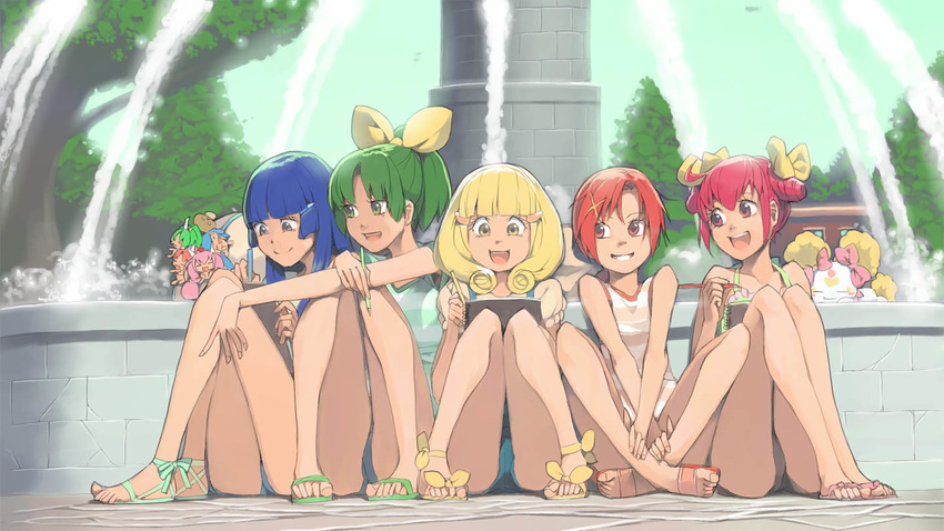 akinbo_(hyouka_fuyou) aoki_reika bad_id bad_pixiv_id blonde_hair blue_eyes blue_hair bow candy_(smile_precure!) character_doll cure_beauty cure_happy cure_march cure_sunny fountain green_eyes green_hair hino_akane_(smile_precure!) hoshizora_miyuki kise_yayoi long_hair midorikawa_nao multiple_girls open_mouth pencil pink_bow pink_eyes pink_hair precure rainbow_order red_eyes red_hair sandals short_hair smile smile_precure! yellow_eyes