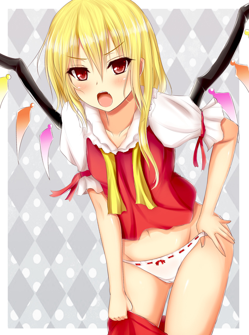 akiamare angry argyle argyle_background ascot bad_id bad_pixiv_id blonde_hair blush dressing fang flandre_scarlet hair_down highres navel no_hat no_headwear open_mouth panties raised_eyebrow red_eyes short_hair side_ponytail skirt skirt_pull skirt_set solo touhou underwear undone white_panties wings