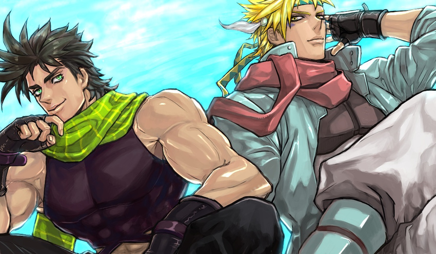 black_hair blonde_hair blue_eyes blue_jacket boots caesar_anthonio_zeppeli fingerless_gloves gloves green_eyes headband jacket jojo_no_kimyou_na_bouken joseph_joestar_(young) ka_du midriff multiple_boys scarf short_hair sitting