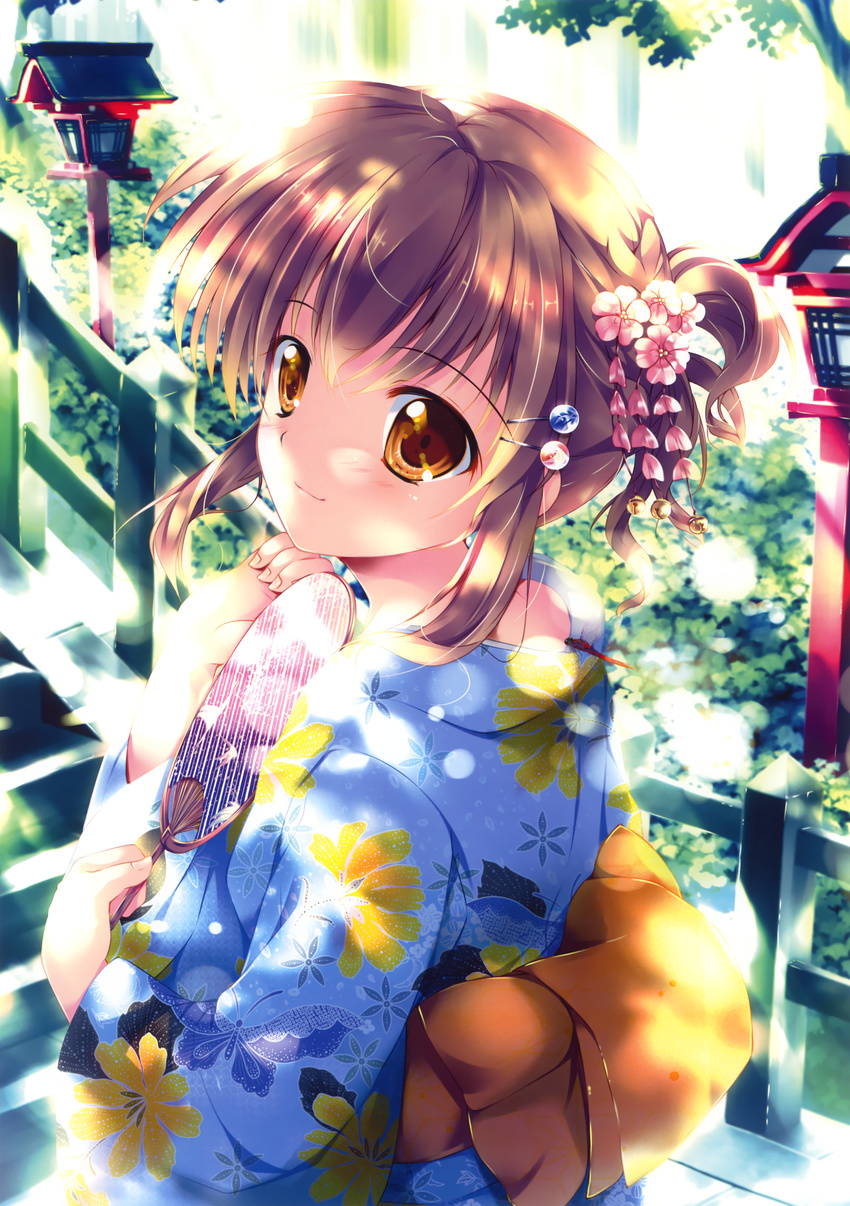 1girl absurdres brown_hair fan hair_ornament highres japanese_clothes kimono lamppost mikeou possible_duplicate stairs stairway yellow_eyes